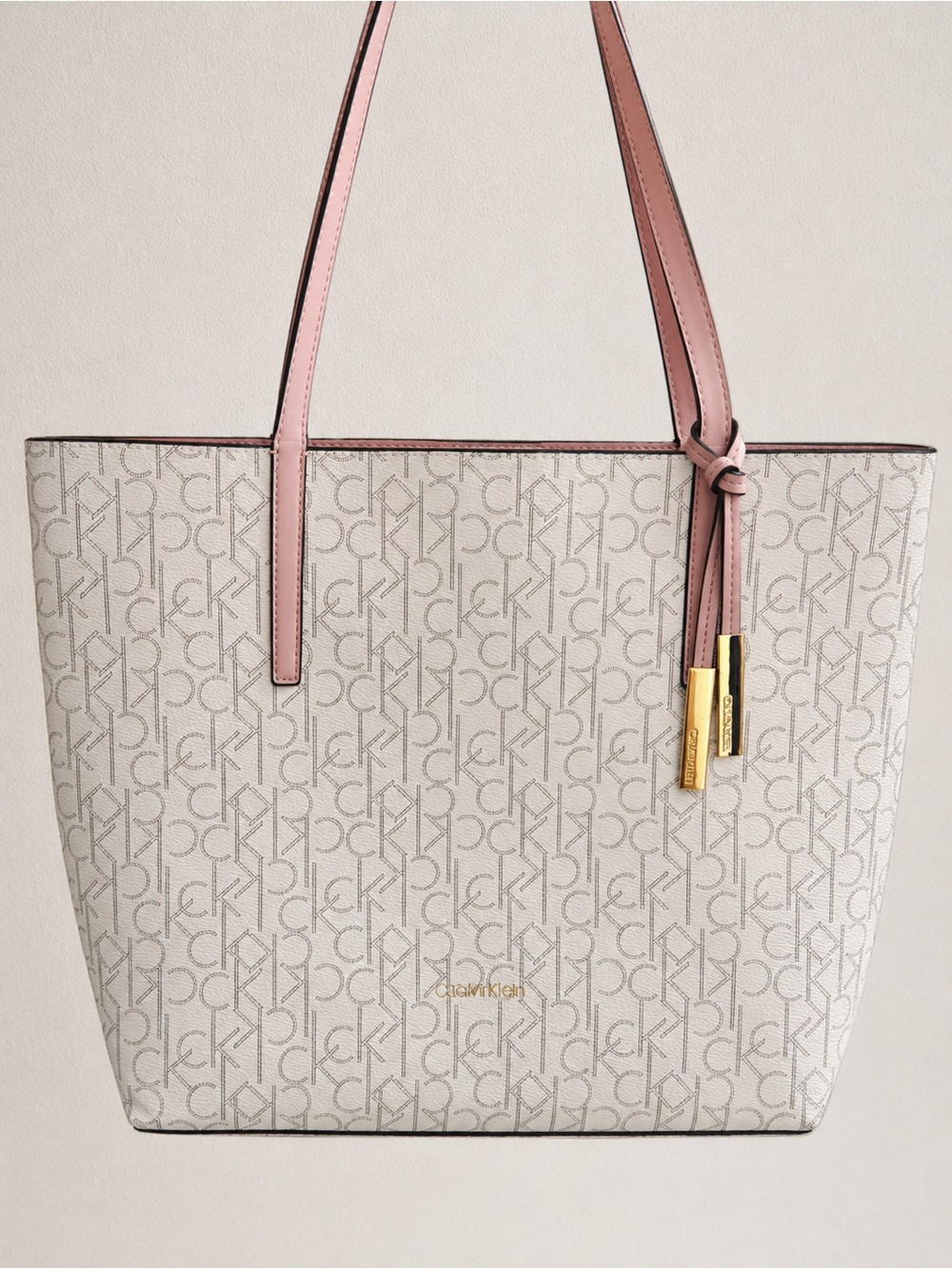 Calvin Klein Cream Monogram Tote with Pink Trim and Gold Accents